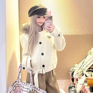 NANGOON秋冬毛领毛呢子夹棉大衣韩系短款羊毛外套上衣女裤子套装