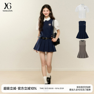 NANGOON 原创设计感百搭白色收腰衬衫短袖上衣无袖百褶连衣裙套装