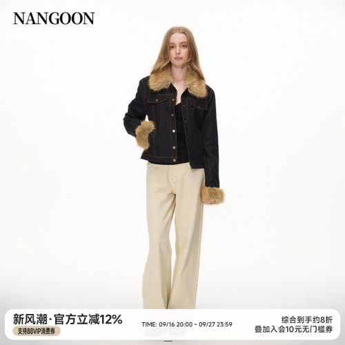 NANGOON 经典短款微收腰夹棉牛仔拼毛翻领