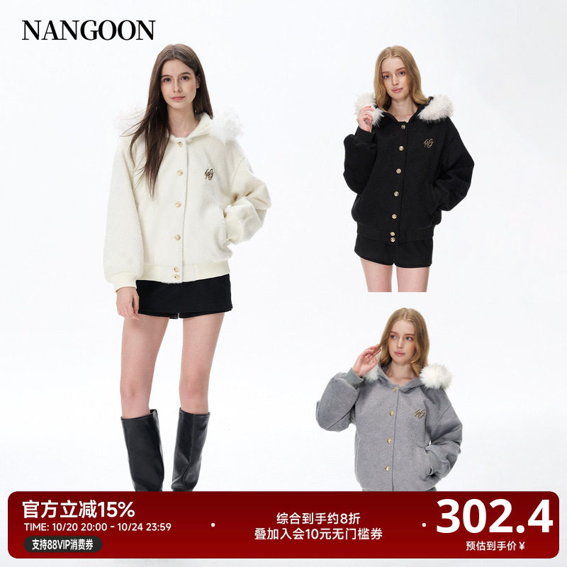 NANGOON 原创设计毛呢连帽冬季羊毛保暖毛领宽松休闲外套