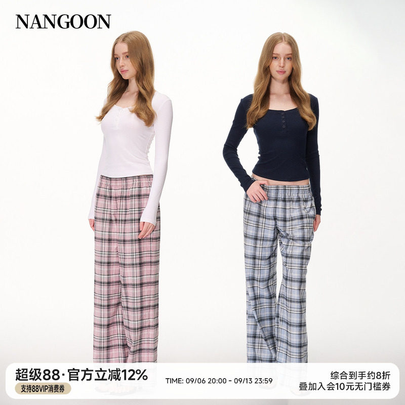 美式磨毛格子宽松休闲裤图片