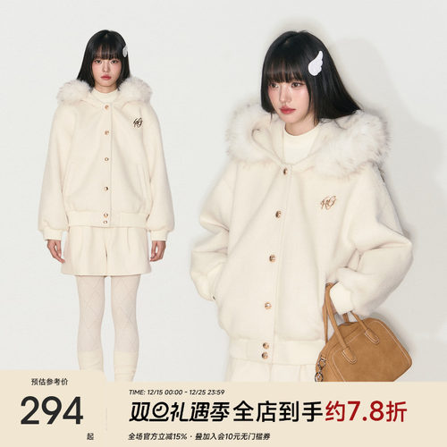 毛呢连帽毛领宽松休闲外套