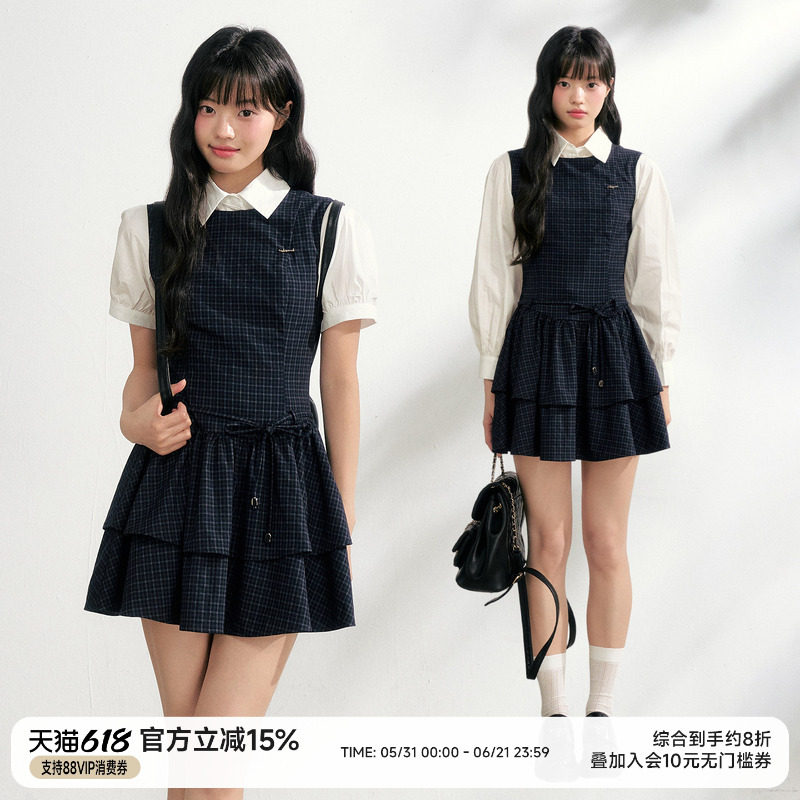 NANGOON 无袖金属吊坠格纹叠层装饰收腰连衣裙衬衫套装春季新款女