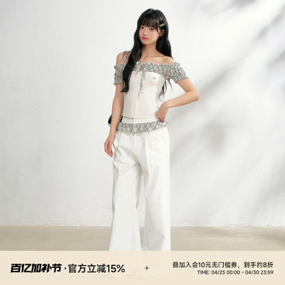 简约撞色一字肩阔腿裤套装