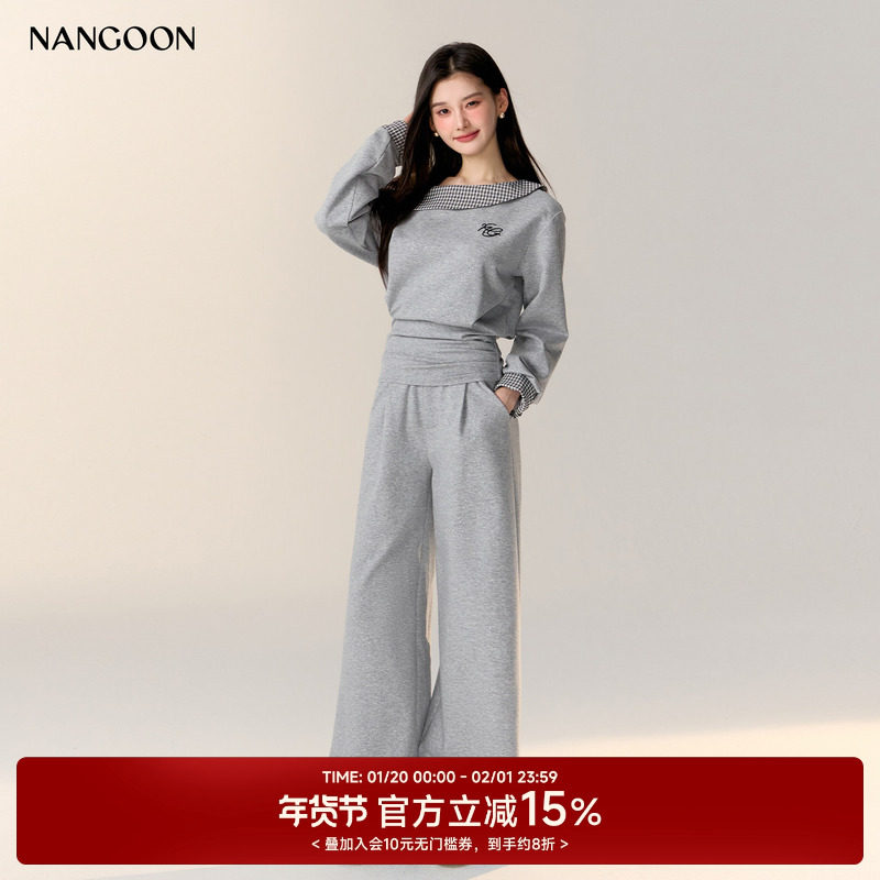 NANGOON 斜肩拼接卫衣套装休闲外套运动裤子女秋季新款气质,女装/女士精品,时尚套装,淘宝优惠券,粉丝福利购,淘宝优惠卷