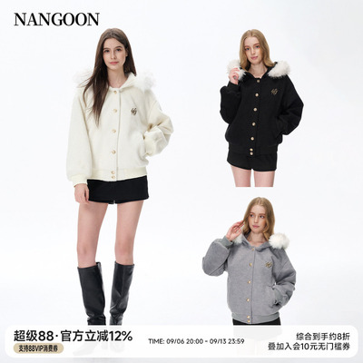 毛呢连帽毛领宽松休闲外套
