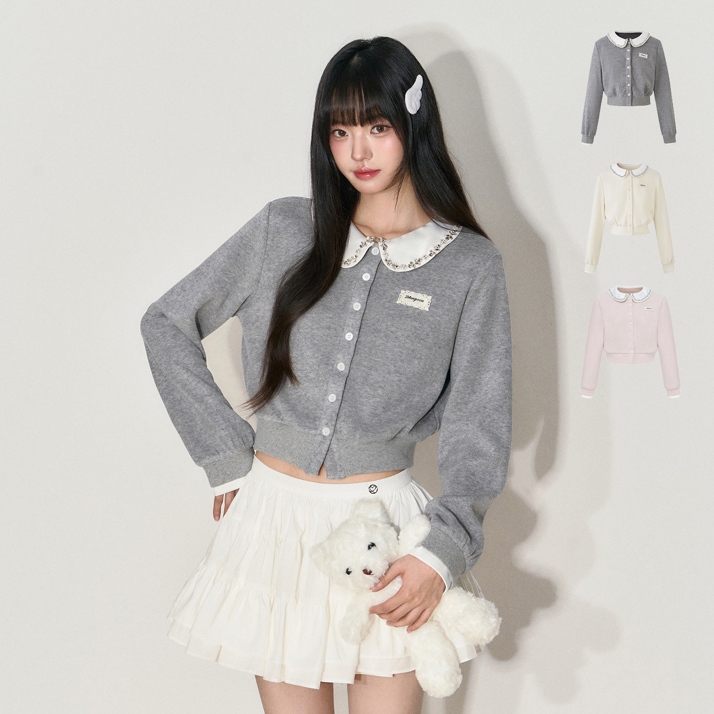 NANGOON 清冷气质娃娃领水钻针织拼接收腰打短款上衣加绒外套女