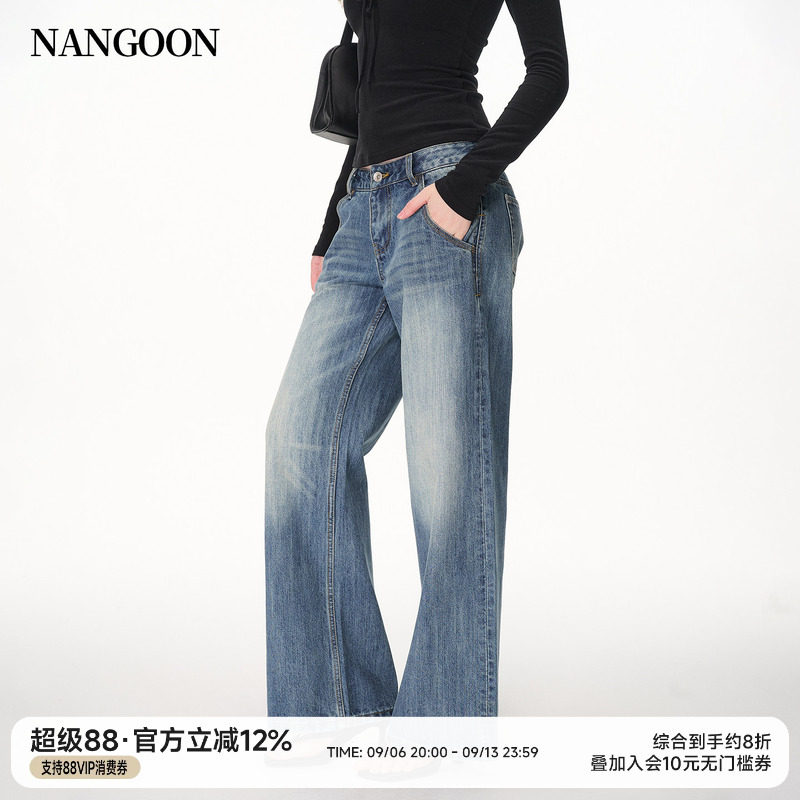 版型正水洗蓝阔腿牛仔裤图片