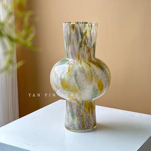 中古琉璃花瓶法式复古鲜花器皿客厅插花装饰摆件侘寂风玻璃花器