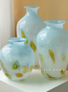 蓝色琉璃花瓶法式高级感玄关斗柜家居插花器客厅软装玻璃装饰摆件