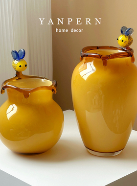 创意蜜蜂造型琉璃玻璃花瓶黄色家居装饰水养鲜花插花摆件可爱花器