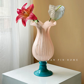 中古风琉璃花瓶法式 玻璃高脚摆件 高级感玄关斗柜艺术花器客厅软装