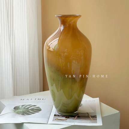 中古手工琉璃花瓶复古插花摆件新中式美学高级感家居落地玻璃花器