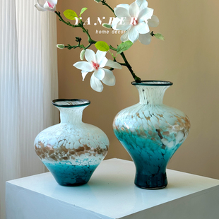 复古金箔蓝色白波点大肚高级感琉璃手工花瓶轻奢家居插花玻璃花器