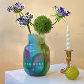 花瓶渐变肌理彩色条纹艺术中古高级感手工琉璃简约花器插花摆件