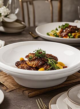 酒店创意陶瓷阔气盘饭店餐盘小吃盘餐厅汤盘家用盘子中式白色菜盘