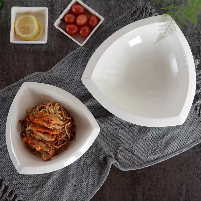 酒店商用纯白三角形碗陶瓷材质炒菜加深盘子多用加厚饭店餐厅创意