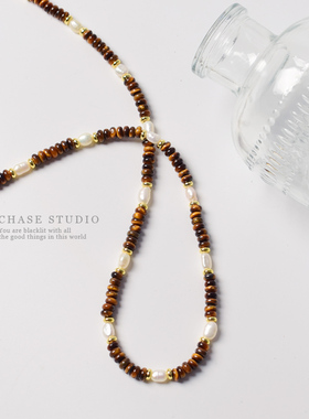 天然虎眼石+珍珠项链女设计锁骨