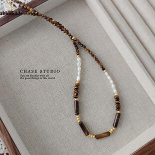 原创设计天然虎眼石 巴洛克珍珠小众锁骨链女追逐手作项链饰品