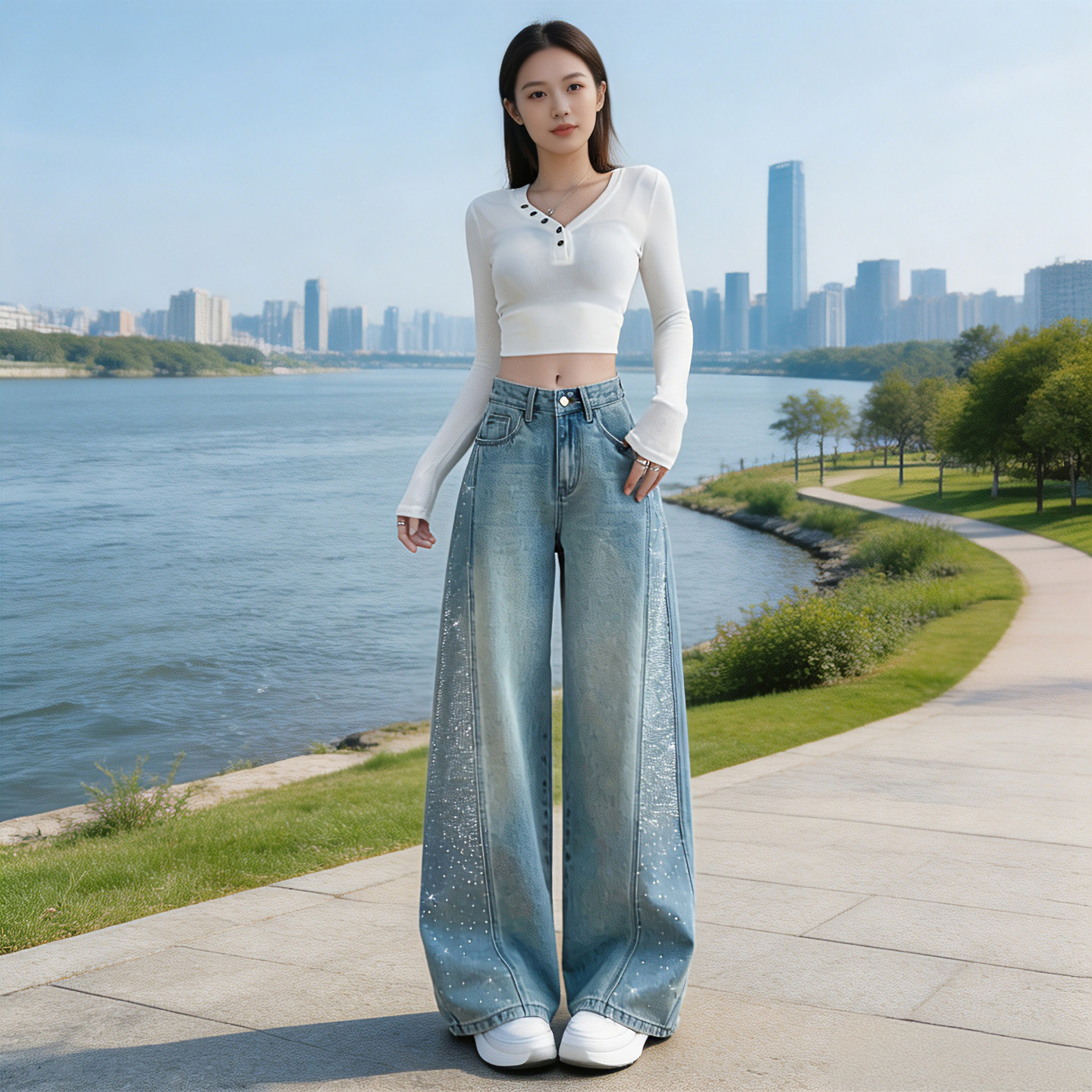 2026秋新款宽松阔腿九分牛仔裤女图片