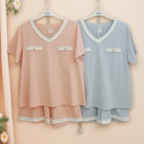 都市丽人女士V领95棉短袖短裤