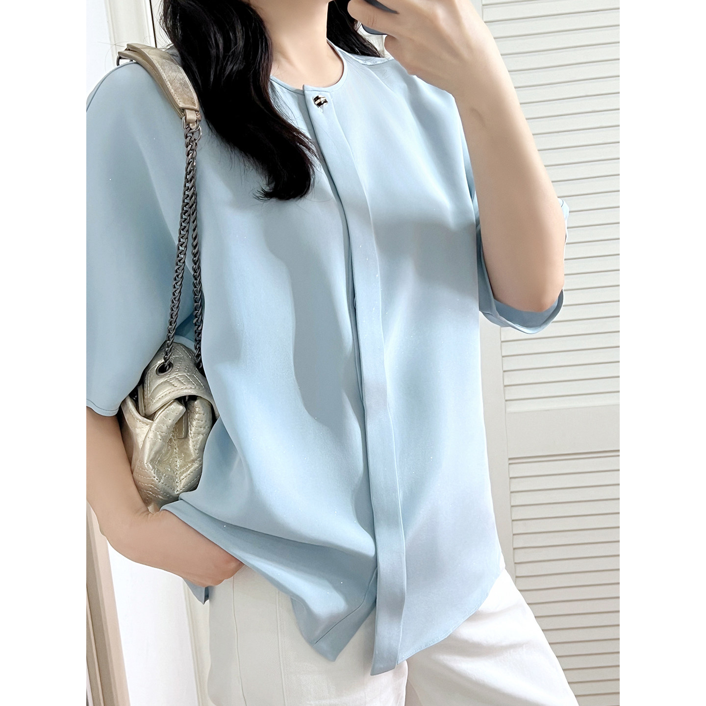 YouYoung悠扬|G迦 撒金超重磅宽松真丝圆领五分袖衬衫百搭上衣