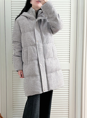 YouYoung悠扬|BC款银丝羊毛面假两件连帽中长款加厚鹅绒羽绒服女