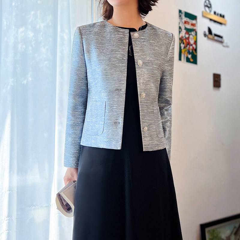 醋酸丝光羊毛小香风外套上衣女 真丝衬春夏薄款 圆领西装短小个子
