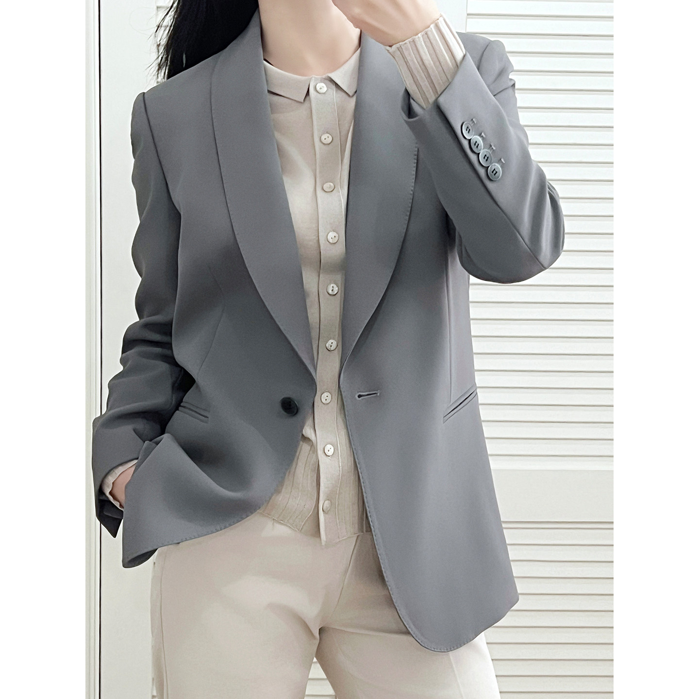 YouYoung悠扬|日本可机洗 青果领类醋酸优雅 灰色小西装春秋外套