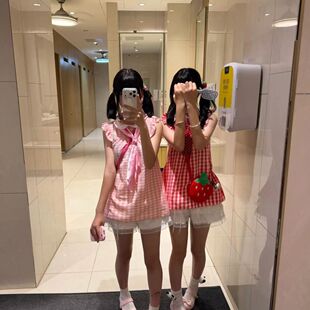超萌可爱小飞袖格子裙子双子闺蜜同款格纹少女连衣裙蓬蓬蛋糕裙