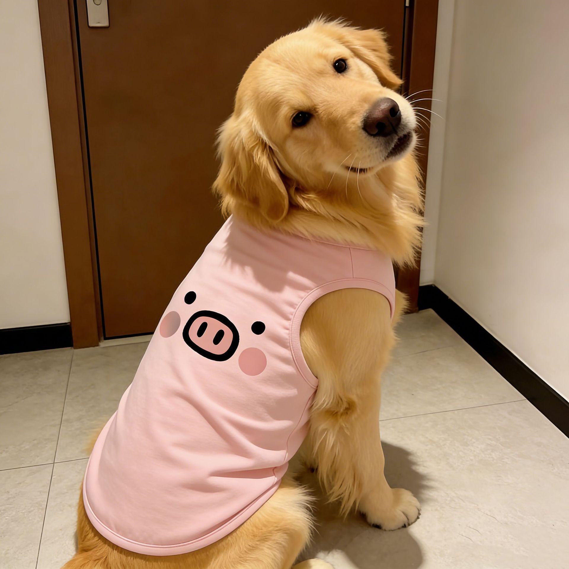 宠物狗狗衣服春秋款超萌粉色小猪印花亲肤背心大型犬金毛拉布拉多
