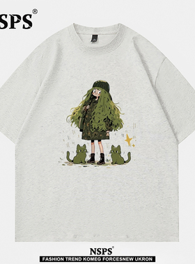 NSPS官方联名| 奥特莱斯| 特大码300斤男女款绿发女孩猫猫短袖t恤