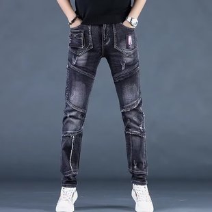 彈力休閑長褲 美式 子 拼接小腳褲 小腳春秋新款 拉鏈牛仔褲 男黑色修身