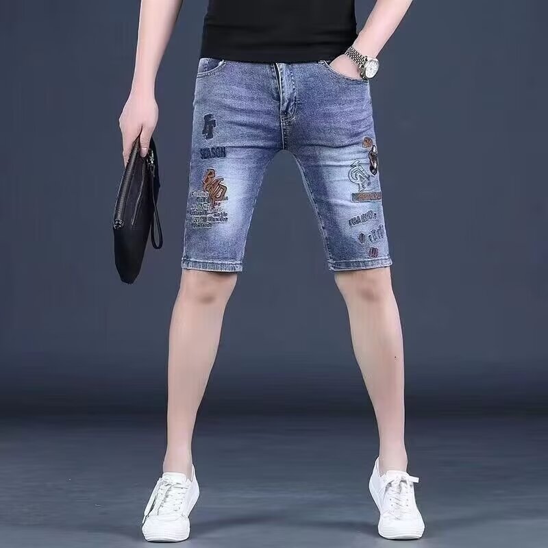 欧洲站刺绣牛仔短裤男夏季新款潮牌弹力修身马裤休闲耐磨五分中裤