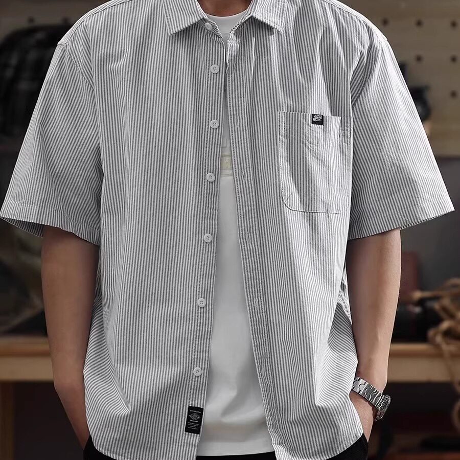 夏季新款薄款青少年文艺风条纹短袖衬衫2025宽松男款休闲半袖衬衣