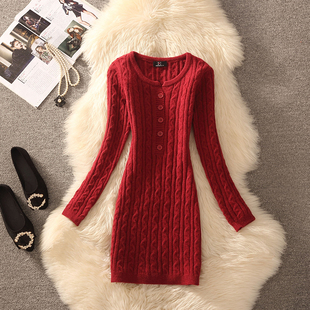 2026淑女风麻花纹针织连衣裙女秋冬气质修身显瘦收腰红色毛衣裙