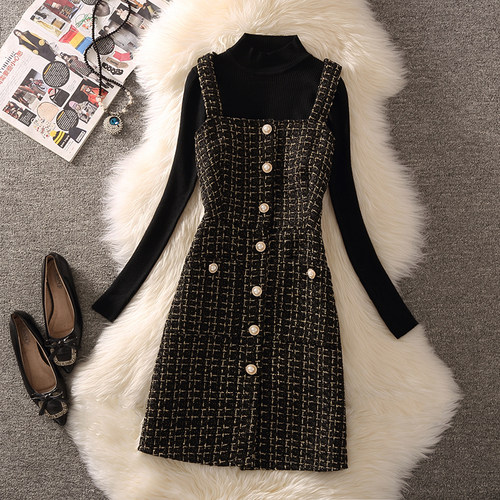轻奢风复古千鸟格毛呢连衣裙套装