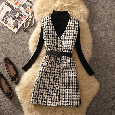 千鸟格针织马甲连衣裙两件套2025春秋装新款收腰显瘦v领背心长裙