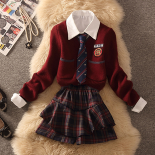 毛衣外套衬衫 针织开衫 高腰格子百褶裙三件套 时尚 学院风JK制服套装