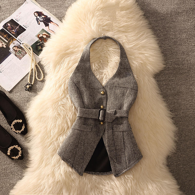 2026春秋新款法式复古小香风设计感挂脖无袖马甲背心外搭叠穿上衣