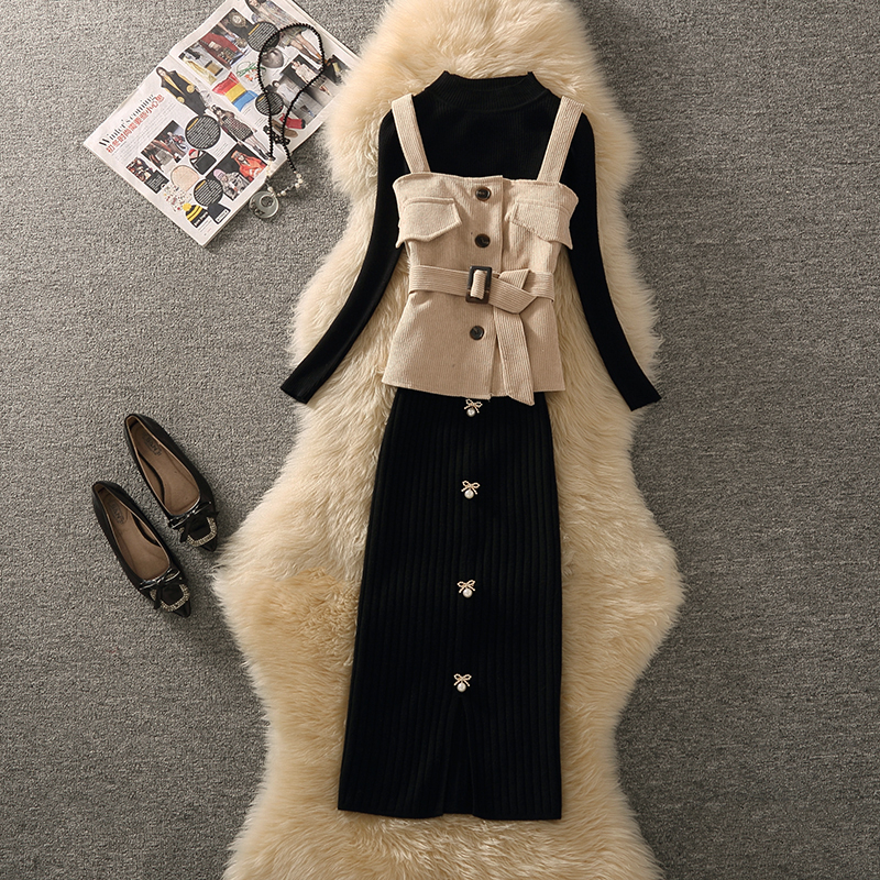 单件/套装女神范灯芯绒复古吊带马甲纯色打底衫包臀半身裙三件套