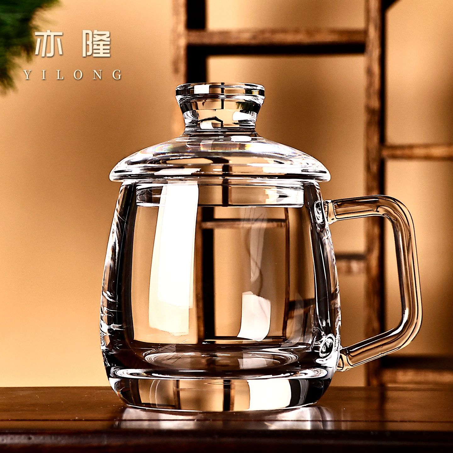 手工打磨原矿石真水晶杯子男士老板办公泡茶带盖带把茶具高档礼品