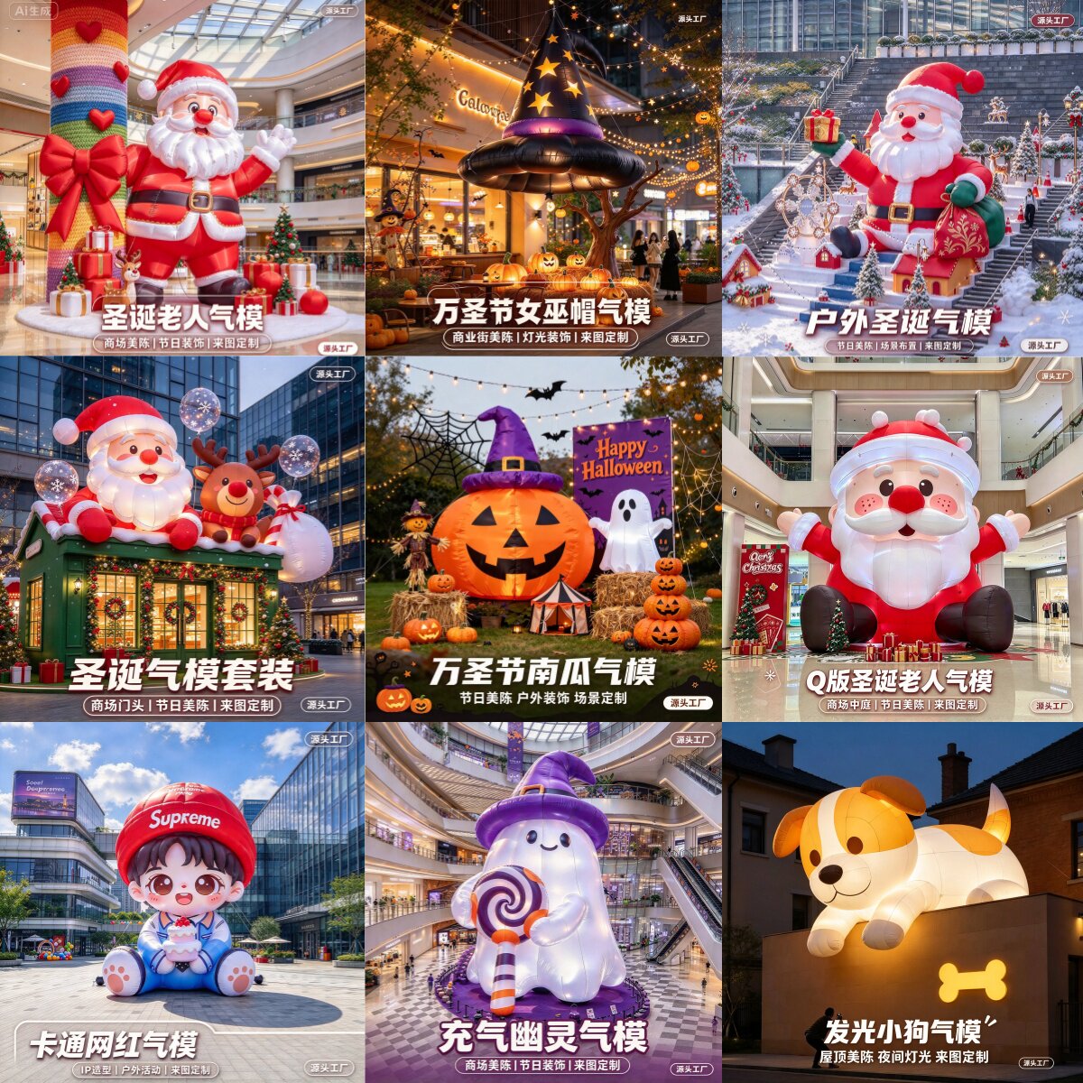 充气卡通气模定制热气球户外发光万圣节圣诞节气模花朵云朵商场