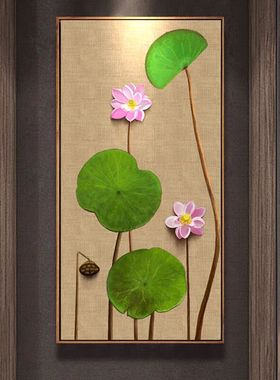 东南亚泰式禅意荷花挂画入户玄关装饰画莲叶荷蓬客厅走廊过道壁画