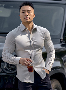 evenso天丝修身衬衫男士秋春商务正装长袖透气肌肉男健身长袖