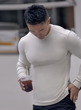 evenso下摆开叉休闲打底长袖修身运动上衣男健身透气训练服