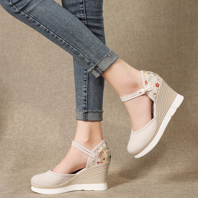 summer High-heeled Cloth Sandals With slope Antiquity Embroidered shoes Baotou Hollow Ethnic style Versatile Cloth shoes Retroin the Women's Shoes, Sandals  category - from Buy2taobao.com to provide professional Taobao agent buy service