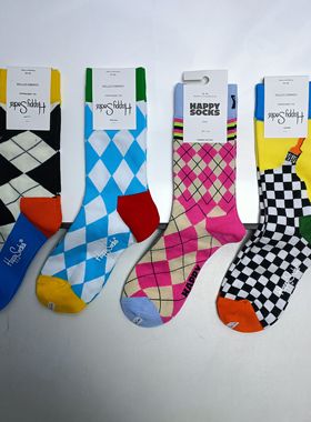 36-40码满30元包邮80%棉质几何图案多巴胺彩色女士中筒袜子外贸