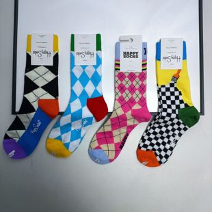 包邮 满30元 80%棉质几何图案多巴胺彩色女士中筒袜子外贸 40码