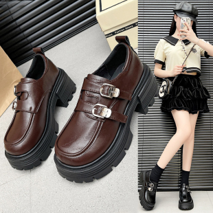 英伦风厚底增高乐福鞋女复古双扣带小皮鞋百搭单鞋圆头厚底鞋女鞋
